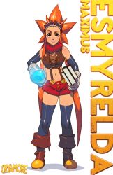 Rule 34 | 1girl, asymmetrical footwear, bare shoulders, black thighhighs, book, boots, bracer, breasts, character name, character profile, crop top, cryamore, cryamore condenser, detached sleeves, esmyrelda maximus, freckles, gloves, goggles, goggles on head, hairband, long hair, matching hair/eyes, midriff, mismatched footwear, navel, official art, orange eyes, orange hair, robaato, shorts, sidelocks, solo, spiked hair, suspenders, thighhighs, very long hair, white gloves