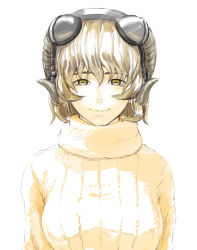 Rule 34 | 1girl, bad id, bad pixiv id, blonde hair, brown hair, face, headphones, horns, original, ribbed sweater, shiba itsuki, short hair, simple background, smile, solo, sweater, turtleneck, white background, yellow eyes