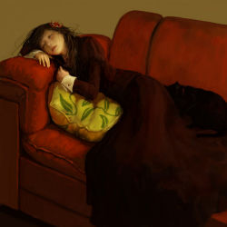 Rule 34 | 1girl, brown background, brown hair, cat, closed eyes, couch, dark, dress, female focus, flower, hair flower, hair ornament, lo (artist), long sleeves, messy hair, original, pillow, realistic, red upholstery, simple background, sleeping, solo, victorian