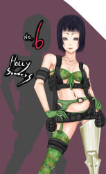 Rule 34 | 1girl, armband, bare shoulders, belt, bikini, black eyes, black hair, breasts, eito, explosive, female focus, gloves, grasshopper manufacture, grenade, holly summers, navel, no more heroes, short hair, small breasts, solo, swimsuit, thighhighs