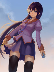 Rule 34 | 1girl, bakemonogatari, black thighhighs, blouse, blue background, blue eyes, boxcutter, breasts, cloud, collar, feet out of frame, gradient background, hair blowing, hcho, highres, holding, long hair, long sleeves, looking at viewer, medium breasts, monogatari (series), necktie, open mouth, pink shirt, pleated skirt, purple hair, purple necktie, purple shirt, purple skirt, red collar, school uniform, senjougahara hitagi, shiny clothes, shirt, skirt, sky, sleeve cuffs, solo, stapler, sunlight, thighhighs, very long hair, zettai ryouiki