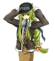 Rule 34 | 1girl, arms up, braid, c.c., code geass, dress, female focus, full metal panic!, green hair, hat, jacket, long hair, meimi k, mouth hold, ribbon, voice actor connection, single braid, solo, teletha testarossa, third-party edit, white background, yellow eyes