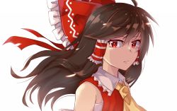 Rule 34 | 1girl, ahoge, ascot, bandages, bare shoulders, bow, brown hair, closed mouth, collared dress, commentary request, detached sleeves, dress, frills, hair between eyes, hair ornament, hair tubes, hakurei reimu, highres, long hair, long sleeves, looking at viewer, nonopomu, red bow, red dress, red eyes, sarashi, simple background, solo, teeth, touhou, upper body, white background, wide sleeves, yellow ascot