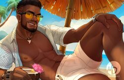 Rule 34 | 1boy, abs, baptiste (overwatch), bara, beach, beard, blue sky, bulge, coconut, dark-skinned male, dark skin, facial hair, feet out of frame, gluteal fold, holding, jewelry, large pectorals, looking at viewer, lying, male focus, mature male, momo-deary, muscular, muscular male, navel, navel hair, necklace, nipples, ocean, on side, open clothes, open shirt, overwatch, overwatch 2, pectorals, sand, short hair, shorts, sky, smile, solo, sunglasses, thick lips, tooth necklace, white shorts