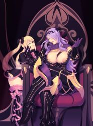 Rule 34 | 2girls, absurdres, areola slip, armor, armored boots, armored dress, between breasts, black armor, black bow, black dress, blonde hair, boots, bow, bowtie, breasts, camilla (fire emblem), cleavage, commentary, crossed legs, dress, drill hair, elise (fire emblem), english commentary, eyelashes, fire emblem, fire emblem fates, foot out of frame, gloves, gold trim, hair bow, hair over one eye, hair over shoulder, hand up, hands up, high heel boots, high heels, highres, indoors, large areolae, large breasts, leaning forward, lips, long hair, looking at viewer, multiple girls, nintendo, on chair, one eye closed, one eye covered, parted lips, pink bow, pink bowtie, pink ribbon, purple eyes, purple gloves, purple hair, red eyes, ribbon, seios, shadow, short dress, siblings, sisters, sitting, smile, thigh boots, thighs, tiara, twin drills, twintails