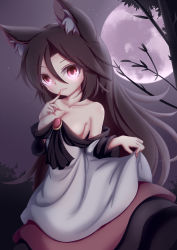 Rule 34 | 1girl, :3, absurdres, animal ears, bare shoulders, breasts, brooch, brown hair, cleavage, collarbone, dior-zi, dress, fang, finger to mouth, fingernails, full moon, glowing, glowing eyes, highres, imaizumi kagerou, jewelry, long fingernails, long hair, long sleeves, looking at viewer, medium breasts, moon, nail polish, night, night sky, outdoors, red eyes, red nails, sky, solo, tail, touhou, tree, wide sleeves, wolf ears