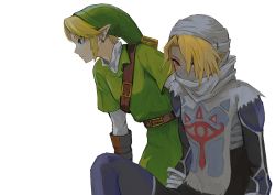 Rule 34 | 1boy, 1girl, belt, blonde hair, blue eyes, earrings, gloves, highres, jewelry, link, nintendo, pointy ears, red eyes, reverse trap, sheik, simple background, skkc 128, the legend of zelda, the legend of zelda: ocarina of time, tunic, white background