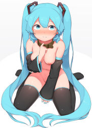 Rule 34 | 1girl, abmayo, aqua eyes, aqua hair, aqua nails, between legs, black sleeves, black thighhighs, blush, breasts, brown collar, closed mouth, collar, commentary request, detached sleeves, full body, hair ornament, hand between legs, hand up, hatsune miku, highres, long hair, long sleeves, looking at viewer, medium breasts, nail polish, navel, nipples, no shoes, nude, simple background, sitting, skirt, solo, tearing up, thighhighs, twintails, very long hair, vocaloid, wariza, white background