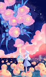 Rule 34 | 1girl, artist name, bag, blue dress, blue eyes, bouquet, cloud, collared shirt, dated, dress, english text, feet out of frame, flower, from side, guanmumu, highres, holding, holding bag, light blush, long hair, looking at flowers, looking up, moon (ornament), night, night sky, original, oversized flower, oversized object, parted lips, pink flower, pink rose, plastic bag, rose, shirt, short dress, short sleeves, sky, sleeveless, sleeveless dress, solo, star (sky), straight hair, watermark, white hair, white shirt