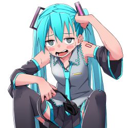 Rule 34 | 1girl, @ @, arm tattoo, black thighhighs, blue hair, blue necktie, blush stickers, collared shirt, detached sleeves, female focus, hatsune miku, headphones, headphones removed, highres, hot, necktie, number tattoo, open mouth, pleated skirt, shirt, simple background, sitting, skirt, sleeveless, sleeveless shirt, slouching, solo, sweat, tattoo, teeth, thighhighs, twintails, vocaloid, white background, yachima tana