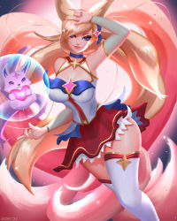 Rule 34 | 1girl, ahri (league of legends), alternate costume, alternate hair color, animal ears, blue eyes, boots, breasts, cleavage, familiar, fox ears, fox tail, highres, league of legends, lips, long hair, looking at viewer, magical girl, nail polish, skirt, smile, solo, star guardian (league of legends), star guardian ahri, tail, thigh boots, thighhighs, tiara