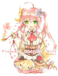 Rule 34 | 1girl, ahoge, bad id, bad pixiv id, emo (mikan), flower knight girl, green eyes, holding, holding smoking pipe, kiseru, looking at viewer, open mouth, pink hair, saffron (flower knight girl), smoking pipe, solo