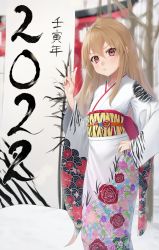 Rule 34 | 1girl, 2022, aisaka taiga, animal print, blurry, blurry background, brown hair, closed mouth, commentary request, floral print, hair between eyes, hand on own hip, hand up, highres, japanese clothes, kimono, long hair, looking at viewer, new year, pouty lips, red eyes, silver tokki, snowing, solo, standing, tiger print, toradora!, torii, tree, v