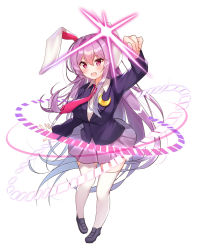 Rule 34 | 1girl, :d, animal ears, arm up, black footwear, black jacket, blazer, blush, breasts, circle skirt, commentary request, crescent, crescent pin, full body, hair between eyes, hair intakes, highres, jacket, large breasts, loafers, long hair, long sleeves, looking at viewer, miniskirt, necktie, nenobi (nenorium), open mouth, pleated skirt, purple hair, purple skirt, rabbit ears, red eyes, red necktie, reisen udongein inaba, shirt, shoes, sidelocks, simple background, skirt, smile, solo, standing, thighhighs, thighs, touhou, very long hair, white background, white shirt, white thighhighs, zettai ryouiki