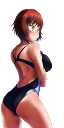 Rule 34 | 10s, 1girl, ass, attyon, back, breasts, competition swimsuit, crossed arms, kakumeiki valvrave, large breasts, looking back, nanami rion, one-piece swimsuit, red hair, short hair, solo, swimsuit, yellow eyes