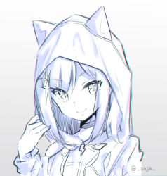 Rule 34 | 1girl, animal ears, animal hood, choker, chromatic aberration, closed mouth, commentary request, copyright request, drawstring, fake animal ears, gradient background, grey background, hair ornament, hand up, highres, hood, hood up, hooded jacket, jacket, long sleeves, mimura zaja, monochrome, sketch, smile, solo, sparkle hair ornament, twitter username, upper body, v-shaped eyebrows, virtual youtuber, white background, zipper pull tab