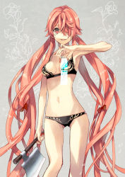 Rule 34 | 1girl, axe, bow, bra, breasts, cellphone, cleavage, gasai yuno, hair bow, hair over one eye, lingerie, long hair, mirai nikki, nail polish, navel, open mouth, panties, phone, pink eyes, pink hair, smile, solo, stomach, tears, tibino, twintails, underwear, underwear only, very long hair, weapon