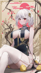 Rule 34 | 1girl, azur lane, bad id, bad pixiv id, braid, breast curtains, breasts, cherry blossoms, closed mouth, crossed legs, garter straps, hair between eyes, hair ornament, highres, large breasts, looking at viewer, official alternate costume, petals, red eyes, short hair, shoulder tattoo, sirius (azur lane), sirius (azure horizons) (azur lane), sitting, tattoo, thighhighs, white hair, white thighhighs, yonchan