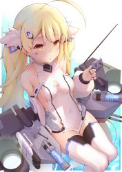 Rule 34 | 1girl, :o, absurdres, ahoge, asla yu, azur lane, bare shoulders, blonde hair, breasts, cannon, collarbone, commentary request, covered navel, detached sleeves, eldridge (azur lane), highres, huge ahoge, long hair, looking at viewer, navel, open mouth, orange eyes, rigging, sideboob, sitting, small breasts, solo, tabard, thighhighs, thighs, twintails, white thighhighs