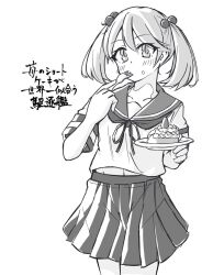 Rule 34 | 1girl, badge, cake, commentary request, cowboy shot, eating, food, food on face, fork, greyscale, hair bobbles, hair ornament, highres, kantai collection, looking at viewer, monochrome, plate, pleated skirt, sailor collar, sailor shirt, sazanami (kancolle), school uniform, serafuku, shirt, short hair, skirt, solo, tatahai, translation request, twintails