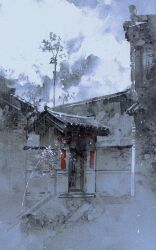 architecture cloud cloudy_sky door east_asian_architecture highres limited_palette no_humans original outdoors rooftop scenery sky stairs tree yu_yu_huadiao