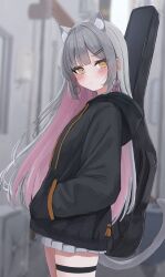 Rule 34 | 1girl, animal ears, bangs pinned back, black hoodie, blush, cat ears, cat girl, cat tail, closed mouth, colored inner hair, cowboy shot, dangle earrings, day, earrings, from side, grey hair, guitar case, hair ornament, hairpin, hands in pockets, highres, hood, hood down, hoodie, hoop earrings, instrument case, instrument on back, jewelry, legs together, long hair, looking at viewer, miniskirt, multicolored hair, original, outdoors, pink hair, pleated skirt, sidelocks, skindentation, skirt, solo, straight hair, tail, tanshio, thigh strap, thighs, white skirt, yellow eyes
