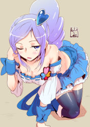 Rule 34 | 00s, 1girl, aono miki, bare shoulders, black thighhighs, blue eyes, blush, breasts, brown background, cleavage, cure berry, dated, de (deys), fresh precure!, hair ornament, heart, heart hair ornament, light purple hair, magical girl, midriff, one eye closed, precure, simple background, solo, thighhighs