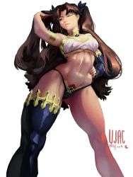 Rule 34 | 1girl, ;), absurdres, armlet, black panties, breasts, brown eyes, brown hair, choker, detached sleeves, earrings, fate/grand order, fate (series), from below, gluteal fold, hair ribbon, hand on own hip, highres, hoop earrings, ishtar (fate), ishtar (fate), jewelry, lips, long hair, medium breasts, navel, one eye closed, panties, ribbon, single detached sleeve, single thighhigh, smile, solo, standing, strapless, thick thighs, thighhighs, thighs, toned, twitter username, two side up, ujac, underwear, very long hair, white background