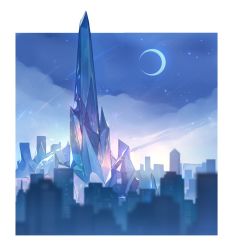 Rule 34 | building, city, cityscape, cloud, crescent, crystal, highres, night, night sky, no humans, original, scenery, shooting star, sky, star (sky), starry sky, yujurro