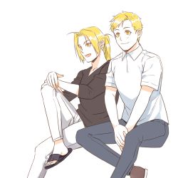 Rule 34 | 2boys, ahoge, alphonse elric, black footwear, black shirt, blonde hair, brothers, brown footwear, closed mouth, collared shirt, crossed legs, denim, edward elric, fingernails, foot out of frame, fullmetal alchemist, hands on own knee, happy, highres, jeans, knee up, light blush, long sleeves, looking afar, male focus, multiple boys, open mouth, pai (1111), pants, parted lips, polo shirt, ponytail, sandals, shirt, shoes, short sleeves, siblings, side-by-side, simple background, smile, swept bangs, tareme, toenails, tsurime, v arms, white background, white pants, white shirt, yellow eyes