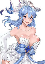 Rule 34 | 1girl, bare shoulders, blue eyes, blue hair, blush, braid, breasts, clothes pull, collarbone, dress, dress pull, elbow gloves, french braid, gloves, granblue fantasy, hair between eyes, hair ornament, hair ribbon, highres, hip focus, large breasts, long hair, looking at viewer, nipples, one breast out, open mouth, ribbon, sash, simple background, smile, solo, surock, therese (granblue fantasy), white background, white dress, white gloves