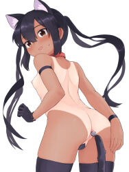 Rule 34 | 1girl, anal tail, animal ears, ass, black hair, black thighhighs, blush, breasts, brown eyes, butt plug, cat ears, cat tail, collar, commentary request, fake animal ears, fake tail, from behind, gloves, hair between eyes, hand on own ass, hiyoshipow, k-on!, long hair, looking back, nakano azusa, nipples, red collar, sidelocks, simple background, single glove, small breasts, solo, standing, tail, tan, tanline, thighhighs, twintails, white background