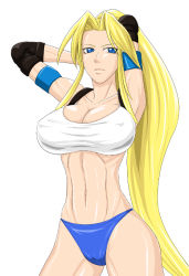 Rule 34 | 1girl, angel (shock troopers), blonde hair, blue eyes, breasts, cleavage, large breasts, long hair, midriff, ml, ponytail, shock troopers, shock troopers second squad, simple background, snk, solo, very long hair
