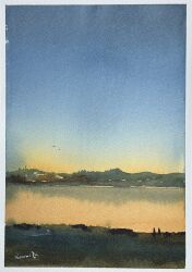 Rule 34 | 2others, blue sky, day, grass, highres, hill, horizon, mouen tw, multiple others, original, painting (medium), river, riverbank, scenery, sky, traditional media, water, watercolor (medium)