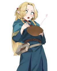 Rule 34 | 1girl, absurdres, belt, blonde hair, blue capelet, blue robe, book, bowl, braid, brown belt, capelet, dungeon meshi, elf, green eyes, heart, highres, holding, holding bowl, hood, hooded capelet, lewdrawings, long hair, marcille donato, multiple braids, pointy ears, robe, simple background, solo, white background