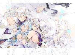 Rule 34 | 1boy, absurdres, aged down, anklet, azura (fire emblem), bad id, bad twitter id, blue hair, closed eyes, corrin (female) (fire emblem), corrin (fire emblem), corrin (male) (fire emblem), dress, elbow gloves, fingerless gloves, fire emblem, fire emblem fates, fire emblem heroes, gloves, highres, jewelry, mikoto (fire emblem), mother and daughter, mother and son, nintendo, nonomori (anst nono), pointy ears, short hair, veil, white hair