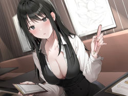 Rule 34 | 1girl, black eyes, black hair, blush, bra, bra peek, breasts, cleavage, female focus, highres, indoors, large breasts, long hair, looking at viewer, open clothes, open mouth, open shirt, original, pen, pink bra, solo, taking order, unbuttoned, unbuttoned shirt, underwear, uniform, waitress, wrist cuffs, xretakex