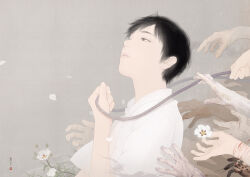 Rule 34 | 1boy, black hair, collared shirt, expressionless, flower, grass, grey background, highres, imminent suicide, male focus, original, petals, re:i, rope, shirt, short hair, short sleeves, simple background, solo focus, white flower, white shirt, wrist cutting