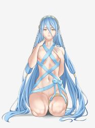 Rule 34 | 1girl, azura (fire emblem), blue hair, breasts, closed mouth, commentary, english commentary, fire emblem, fire emblem fates, full body, highres, kneeling, long hair, looking at viewer, naked ribbon, navel, nintendo, nipples, nude, pomelomelon, ribbon, small breasts, solo, veil, very long hair, white background, yellow eyes