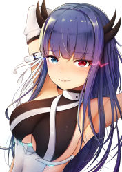 Rule 34 | 1girl, arm strap, armpits, arms behind head, arms up, azur lane, blue eyes, blue hair, breasts, cleavage cutout, clothing cutout, detached sleeves, glowing, glowing eyes, heterochromia, highres, horns, ibuki (azur lane), kannko bokujou, large breasts, long hair, long sleeves, looking at viewer, parted lips, red eyes, ribbon, sideboob, sidelocks, simple background, solo, upper body, white background