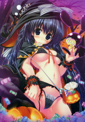 Rule 34 | 1girl, 3:, absurdres, animal print, arm garter, bat print, black bra, black hair, black panties, black thighhighs, blue eyes, blush, bra, breasts, candy, candy cane, candy wrapper, cape, cleft of venus, food, garter belt, gem, halloween, hand on thigh, hat, highres, image sample, jack-o&#039;-lantern, kamikaze explorer!, large breasts, lingerie, lollipop, mouth hold, navel, nipples, no shoes, oshiki hitoshi, panties, pinstripe pattern, print thighhighs, pumpkin, pussy, rabbit, solo, striped bra, striped clothes, striped panties, swirl lollipop, thighhighs, thong, underboob, underwear, underwear only, usami saori, vertical-striped bra, vertical-striped clothes, vertical-striped panties, wedgie, witch hat