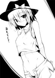 Rule 34 | 1girl, ai takurou, alternate costume, arms behind back, bare shoulders, blush, covered erect nipples, female focus, greyscale, groin, hat, hat ribbon, looking at viewer, monochrome, no panties, ribbon, shorts, solo, tank top, touhou, usami renko