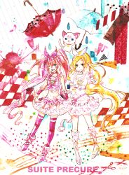 Rule 34 | 10s, 2girls, animal ears, blonde hair, blue eyes, blush, boots, bow, brooch, cat ears, cat tail, choker, copyright name, cure melody, cure rhythm, earrings, green eyes, heart, houjou hibiki, hummy (suite precure), jewelry, knee boots, long hair, magical girl, midriff, minamino kanade, multiple girls, musical note, navel, one eye closed, open mouth, pink bow, pink hair, precure, quaver, shiratsuyu (nagatukihakuro), skirt, smile, suite precure, tail, thighhighs, twintails, umbrella, very long hair, white choker, wink