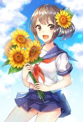 Rule 34 | 1girl, blue skirt, blush, breasts, brown eyes, brown hair, flower, hair flower, hair ornament, highres, holding, holding flower, kitazume kumie, looking at viewer, medium breasts, neckerchief, open mouth, original, red neckerchief, short hair, short sleeves, skirt, smile, solo, sunflower, sunflower hair ornament