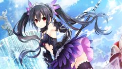 Rule 34 | 10s, 1girl, alternate costume, armor, armored dress, bare shoulders, black hair, breasts, day, fantasy, female focus, fountain, four goddesses online: cyber dimension neptune, game cg, gloves, hair ornament, highres, long hair, looking at viewer, medium breasts, neptune (series), noire (neptunia), official art, red eyes, sky, solo, thighhighs, tsunako, twintails, zettai ryouiki