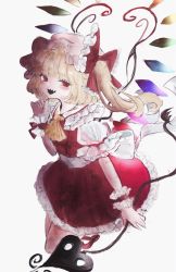Rule 34 | 1girl, :d, ascot, bad id, bad twitter id, blonde hair, blush, bow, chii (pp0), commentary request, crystal, flandre scarlet, flat chest, frilled bow, frilled shirt collar, frills, hair bow, hand up, hat, highres, holding, holding polearm, holding weapon, laevatein (touhou), looking at viewer, mob cap, one side up, open mouth, petticoat, polearm, puffy short sleeves, puffy sleeves, red eyes, red skirt, red vest, sharp teeth, short hair, short sleeves, simple background, skirt, skirt set, smile, solo, teeth, touhou, vest, weapon, white background, white hat, wings, wrist cuffs, yellow ascot