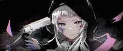 Rule 34 | absurdres, arknights, black gloves, earrings, gloves, grey eyes, grey hair, gun, gun to head, hand up, highres, holding, holding gun, holding weapon, hood, hood up, irene (arknights), jewelry, long hair, looking at viewer, nickel74466, parted lips, portrait, thick eyebrows, weapon