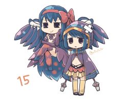 Rule 34 | &gt;:), 2girls, akemi homura, akuma homura, alternate color, argyle clothes, argyle thighhighs, bandaid, bandaid on head, baton (weapon), black footwear, blue eyes, blue footwear, blue hair, bow, chibi, clenched hand, cloak, closed mouth, crossed legs, dot nose, dress, elbow gloves, floating, frilled skirt, frills, full body, gloves, hair bow, highres, hood, hood up, hooded cloak, jitome, kuroe (madoka magica), legs apart, long hair, magia record: mahou shoujo madoka magica gaiden, magical girl, mahou shoujo madoka magica, mahou shoujo madoka magica: hangyaku no monogatari, midriff, multicolored cloak, multiple girls, navel, no nose, orange skirt, papa (shimeguru) (style), parted lips, purple bow, purple cloak, purple dress, purple eyes, purple gloves, purple thighhighs, purple wings, red bow, rioran, shoes, short hair, signature, simple background, skirt, smile, smug, standing, sweat, swept bangs, thighhighs, thighlet, twitter username, two-sided dress, two-sided fabric, v-shaped eyebrows, weapon, white background, wings, yellow thighhighs