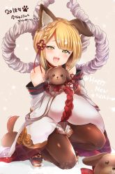 Rule 34 | 1girl, 2018, :3, :d, animal ears, bare shoulders, blonde hair, blush, braid, chinese zodiac, commentary request, detached sleeves, dog, dog ears, erune, fang, granblue fantasy, happy new year, highres, japanese clothes, kamiya zuzu, long sleeves, looking at viewer, new year, open mouth, pantyhose, pelvic curtain, rope, shimenawa, short hair, smile, solo, vajra (granblue fantasy), year of the dog, yellow eyes