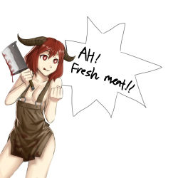 Rule 34 | + +, 1girl, :d, :q, apron, blood, cleaver, diablo (series), diablo 3, english text, horns, knife, naked apron, newwaldo, open mouth, red eyes, red hair, short hair, smile, solo, the butcher, tongue, tongue out